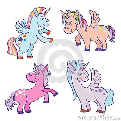 Cute cartoon miracle unicorns vector set Vector Illustration