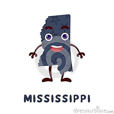 Cute cartoon Mississippi state character clipart. Illustrated map of state of Mississippi of USA with state name. Funny character Vector Illustration