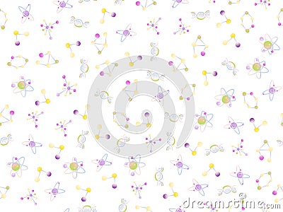 Cute cartoon molecular seamless pattern. DNA molecule, atoms and atomic structure, proton and electron science elements Vector Illustration