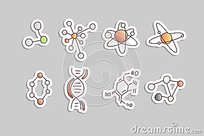 Cute cartoon molecule and atom icon set. Atomic and molecular illustration. Structure of molecula and atom with electron Vector Illustration