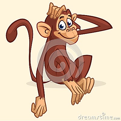 Cute cartoon monkey sitting. Vector illustration of chimpanzee stretching his head. Children book illustration or sticker. Vector Illustration