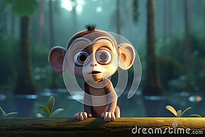Cute Cartoon Monkey With Very Big Eyes And Pitying Gaze A Forest With A Glowing Lake. Generative AI Stock Photo