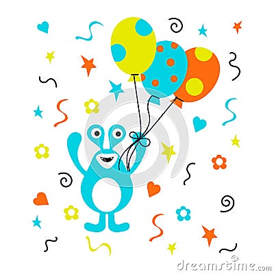 Cute cartoon monster with balloons. Doodle Childrens greeting card or party invitation template Vector Illustration