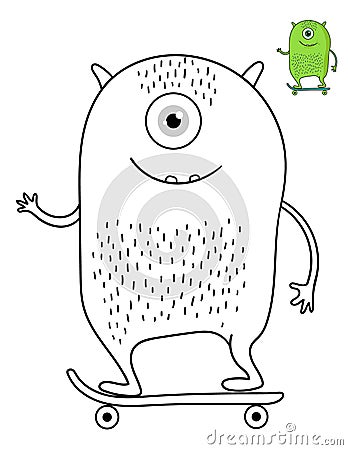 Cute cartoon Monster coloring page and color sample. Stock Photo