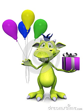 Cute cartoon monster holding balloons and a gift. Stock Photo