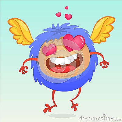 Cute cartoon monster in love with a pink heart shaped eyes. Romantic congratulation postcard Vector Illustration