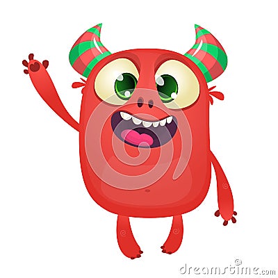 Cute cartoon monster mascot waving. Vector illustration of funny baby alien character. Vector Illustration