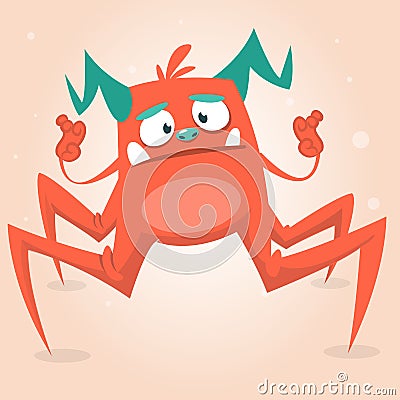 Cute cartoon monster spider. Halloween pink and horned monster character. on light background Vector Illustration