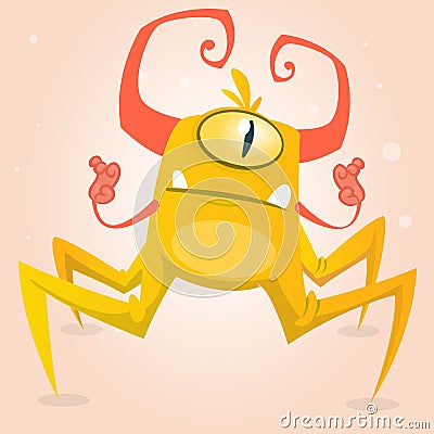 Cute cartoon monster spider. Halloween yellow and horned monster character with one eye. on light background Vector Illustration