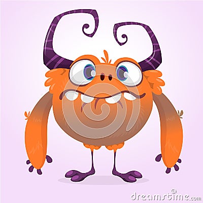 Cute cartoon monster. Vector furry orange monster character with tiny legs and big horns. Halloween design. Vector Illustration