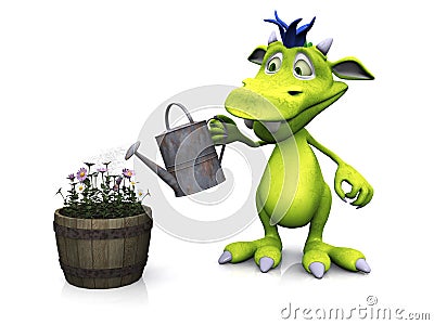 Cute cartoon monster watering flowers. Stock Photo