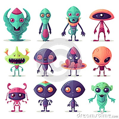 Cute cartoon monsters alien set. Comic halloween joyful monster characters. Funny devil, ugly alien and smile creature flat vector Vector Illustration