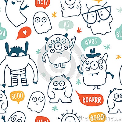 Cute monsters doodles seamless pattern Vector Illustration