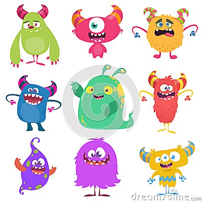 Cute cartoon Monsters. Set of cartoon monsters: goblin or troll, cyclops, ghost, monsters and aliens. Halloween design Vector Illustration