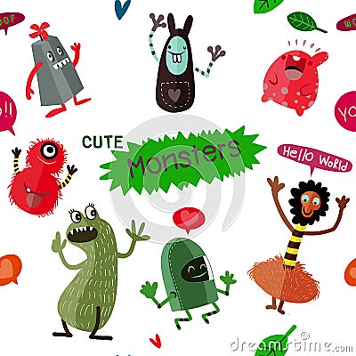 Cute Cartoon Monsters, Vector cute monsters set collection isolated. Vector Illustration