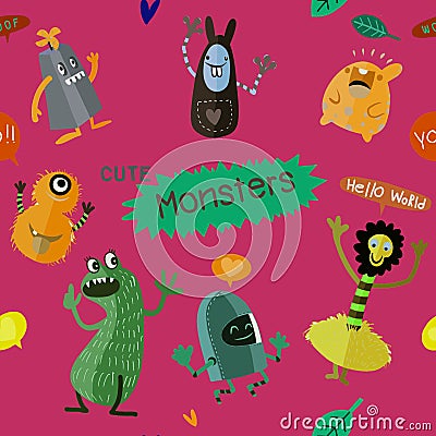 Cute Cartoon Monsters, Vector cute monsters set collection isolated. Vector Illustration