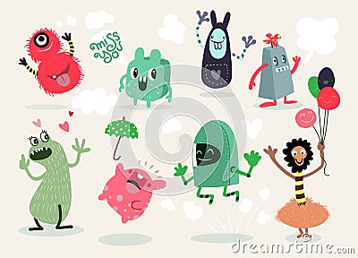 Cute Cartoon Monsters,Vector cute monsters set collection isolated Vector Illustration