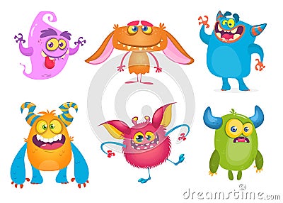 Cute cartoon Monsters. Vector set of cartoon monsters: ghost, goblin, bigfoot yeti, troll and alien. Halloween characters isolated Vector Illustration