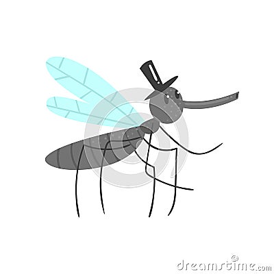 Cute cartoon mosquito character in a black hat vector Illustration Vector Illustration