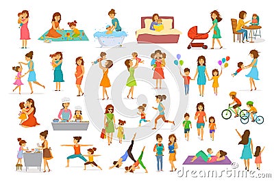 Cute cartoon mother and children isolated vector illustration scenes set, mom with daughter son kids Vector Illustration