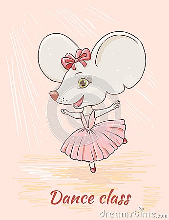 Cute cartoon mouse ballerina dancing in a dance class. Vector illustration suitable for decoration door plate. Vector Illustration