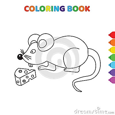 Cute cartoon mouse found cheese coloring book for kids. black and white vector illustration for coloring book. mouse found cheese Vector Illustration