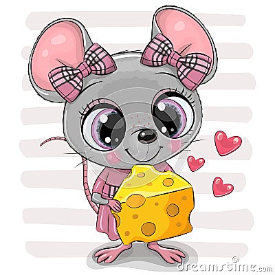 Cute Cartoon Mouse girl with cheese Vector Illustration