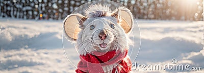 traditional cartoon mouse tradition season new adorable wearing happy Santa hat background snow animal christmas funny Stock Photo