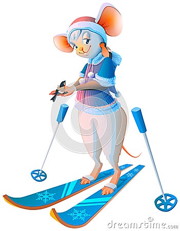 Cute cartoon mouse woman skiing character symbol 2020 Vector Illustration