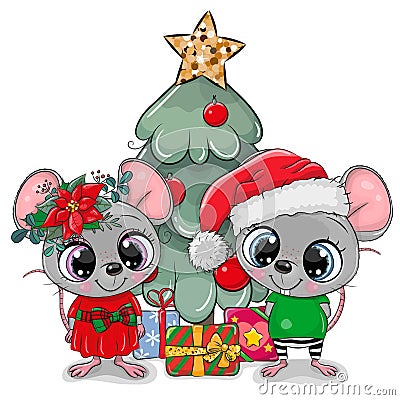 Cute cartoon mouses near the Cristmas Tree Vector Illustration