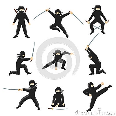 Cute cartoon ninja vector illustration. Kicking and jumping ninjas isolated on white background Vector Illustration
