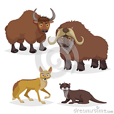 Cute cartoon North America and Europe animals set. Muskox, yak, otter and coyote. Vector drawings for kids. Vector Illustration