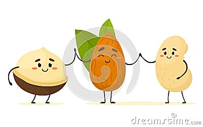 Cute cartoon nuts, macadamia, almonds and cashews hold hands. Best friends. Vector isolate in cartoon flat style. Vector Illustration