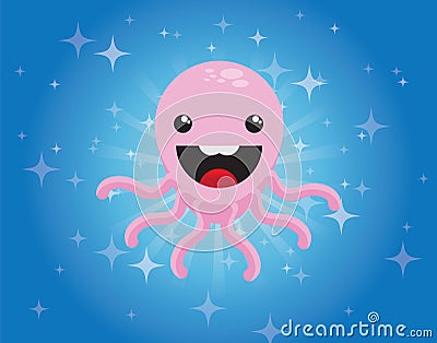 Cute cartoon octopus character on blue background Vector Illustration