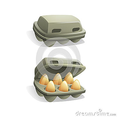 Cute cartoon open tray with eggs and closed tray on white background. Vector Illustration