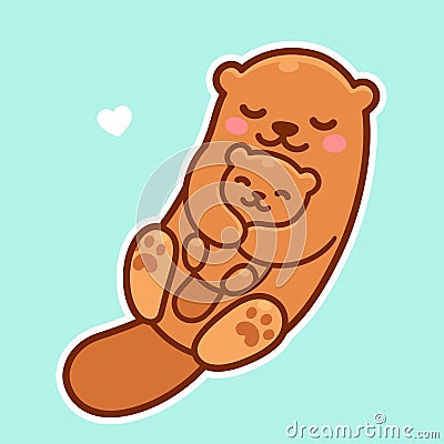 Cute cartoon otter mom and baby Vector Illustration