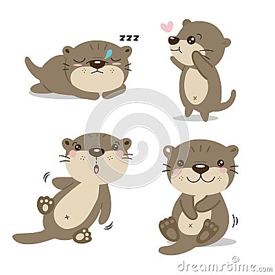 Cute cartoon Otters in different actions Vector Illustration