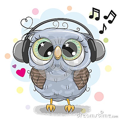 Cute cartoon Owl with headphones Vector Illustration