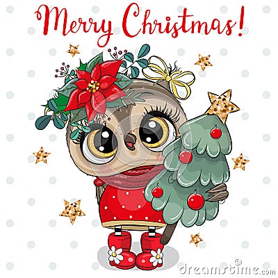 Cute Cartoon Owl with Christmas tree on a white background Vector Illustration