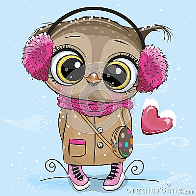 Cartoon Owl in a ear muffs and Coat Vector Illustration