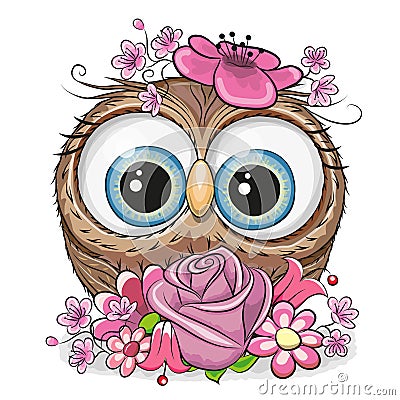 Cartoon Owl with flowerson a white background Vector Illustration