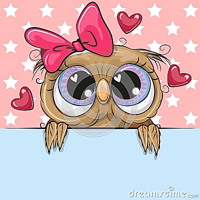 Cute Cartoon Owl Girl is holding a placard on a stars background Vector Illustration