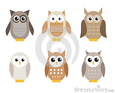 Cute cartoon owl set. Owls in shades of gray. Vector illustration. Vector Illustration