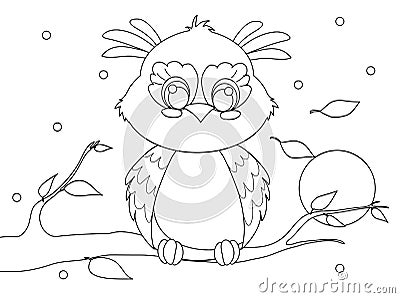 Cute cartoon owl sitting on a branch contour coloring page. Night. Vector Illustration