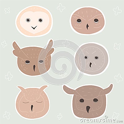 Cute cartoon owls heads on pastel background. Doodle birds on color like stickers Vector Illustration