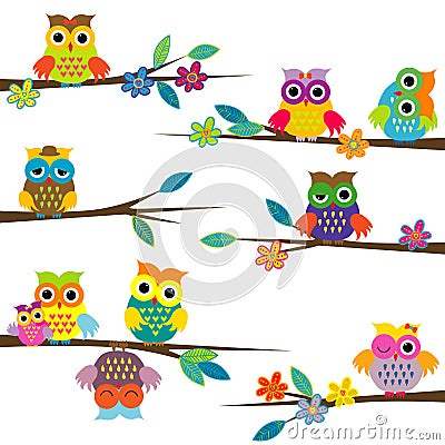 Cute cartoon owls on tree branch Vector Illustration