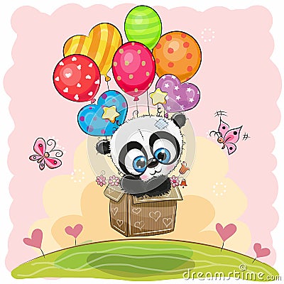 Cute Cartoon Panda with balloons Vector Illustration