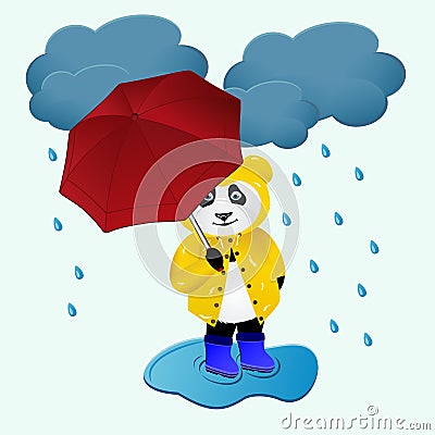 Cute cartoon panda bear under the rain. Vector Illustration