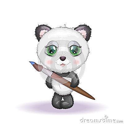 Cute cartoon panda with big eyes and a brush for painting, artist concept Stock Photo