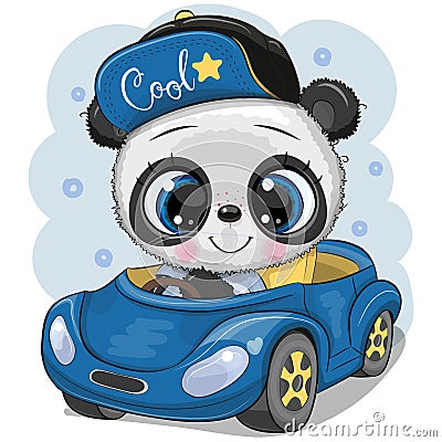 Cartoon Panda boy in a cap goes on a Blue car Vector Illustration